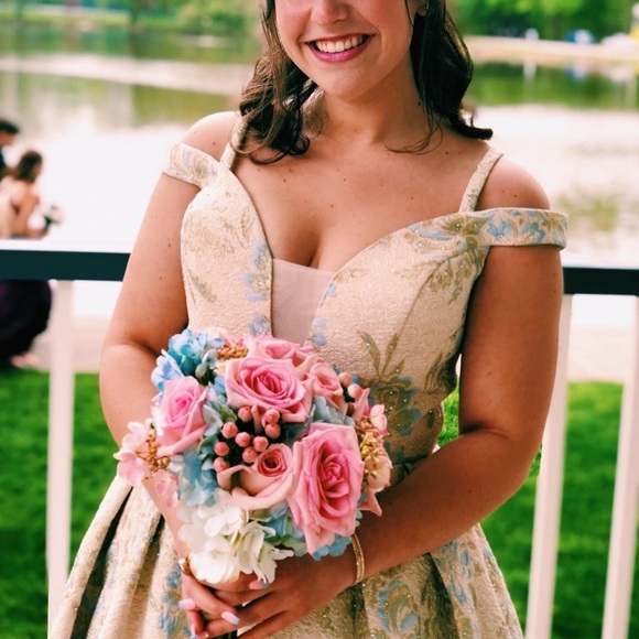 Vintage Style Cream and Blue Foral Formal Ball Gown Prom Dress off the shoulder - Picture 6 of 14